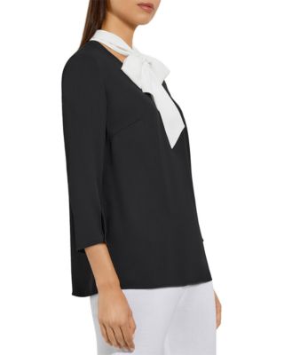 Contrast Tie V-Neck Crepe de Chine Blouse