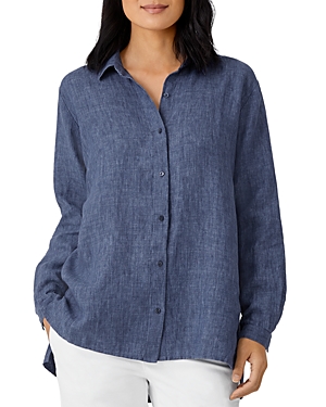Eileen Fisher Organic Linen Long Sleeve Button-up Shirt In Blbry