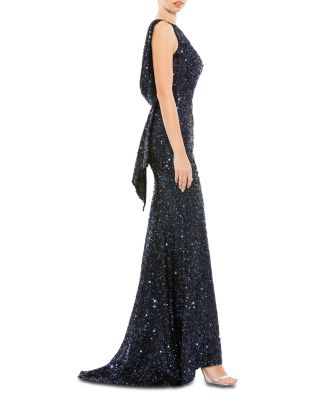 Cowl Back Boat Neck Sequined Evening Gown