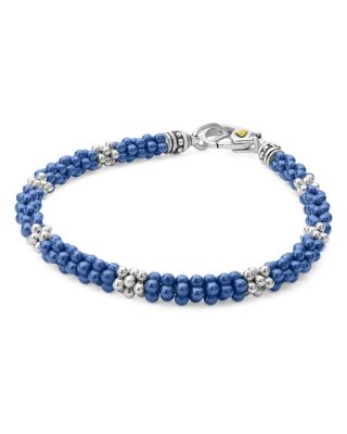 18K Yellow Gold & Sterling Silver Blue Ceramic Caviar Bead Statement Bracelet