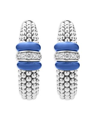 14K Yellow Gold & Sterling Silver Ultramarine Ceramic & Diamond Caviar Bead Hoop Earrings