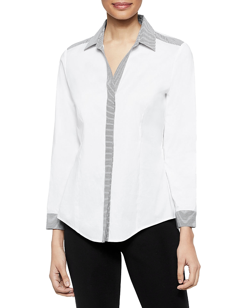 Misook Striped-trim Stretch Cotton Shirt In White/black