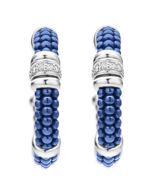 Sterling Silver Ultramarine Bead & Diamond Hoop Earrings