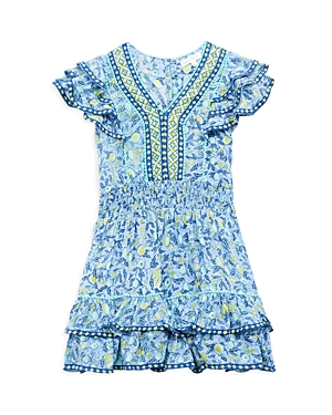 Poupette St Barth Girls' Camila Floral Print Mini Dress - Little Kid, Big Kid In Blue Lemon