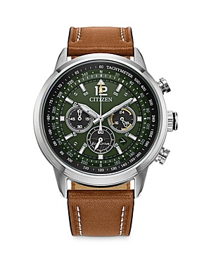 Shop Citizen Eco-drive Avion Chronograph Leather Strap Watch, 44mm In Green/brown