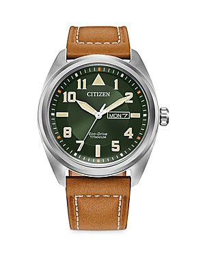 Shop Citizen Eco-drive Garrison Brown Leather Strap Watch, 42mm In Green/brown