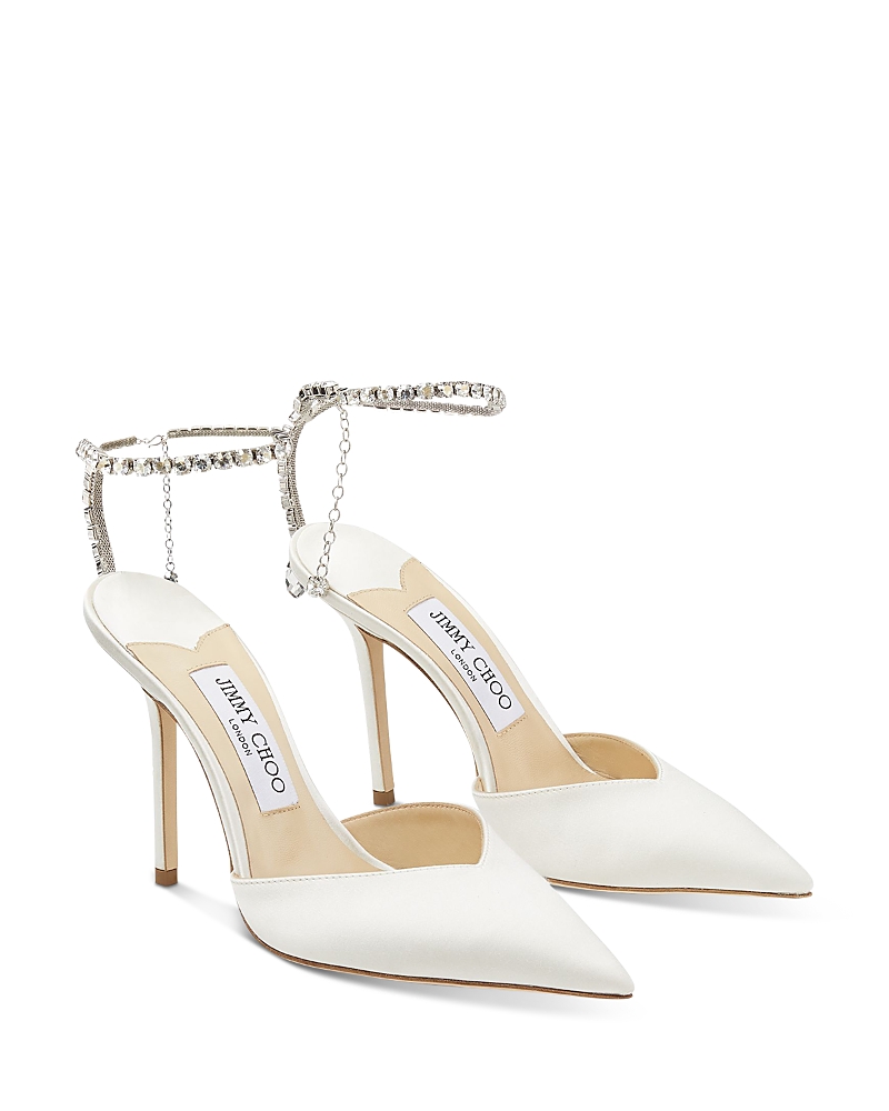 Jimmy Choo Slingback Saeda 100 In Satin With Applied Crystals In White
