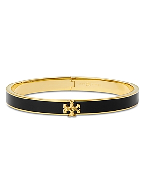 Shop Tory Burch Kira Logo Colored Bangle Bracelet In Black/gold