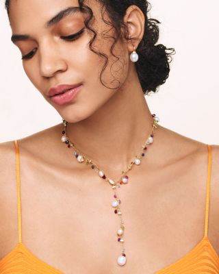 18K Yellow Gold Paradise Pearl Diamond, Mixed Gemstone and Cultured Freshwater Pearl Y Necklace, 17&amp;quot;