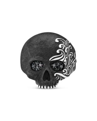 Men&#39;s Sterling Silver Waves Skull Ring with Black Diamonds