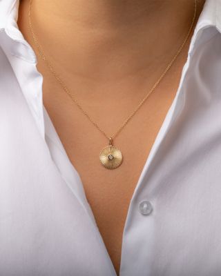 14K Yellow Gold Diamond Pleated Disc Pendant Necklace, 16-18"