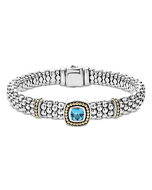 Lagos 18k Yellow Gold & Sterling Silver Caviar Color Blue Topaz Frame Bead Link Bracelet In Blue/silver