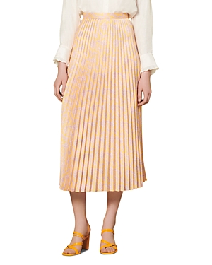 Sandro Pleated And Printed Skirt With Belt In Yellow