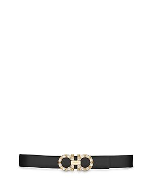 Ferragamo Gancini Crystal Leather Buckle Belt In Nero