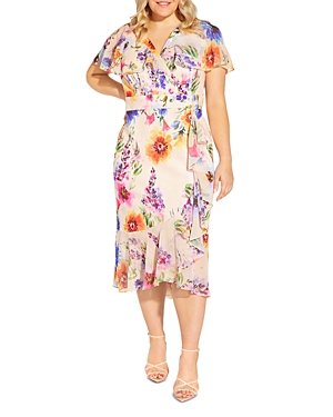 Adrianna Papell Plus Floral Faux Wrap Dress In Praline Multi