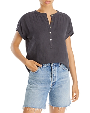 Faherty Dream Cotton Gauze Desmond Top In Washed Black