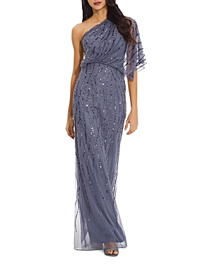 Adrianna Papell One Shoulder Beaded Dress In Dusty Blue