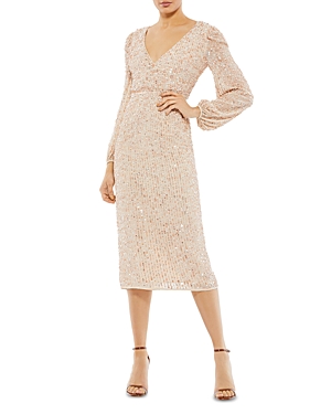 Mac Duggal Sequin Surplice Faux Wrap V Neck Blouson Sleeve Dress In Nude