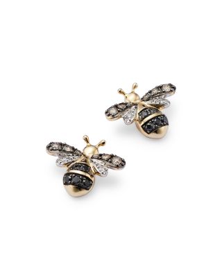 Black & White Diamond Bumble Bee Earrings in 14K Yellow Gold 