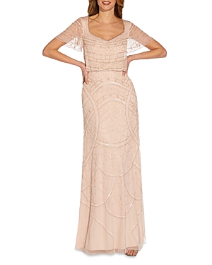 Adrianna Papell Beaded Blouson Gown In Shell