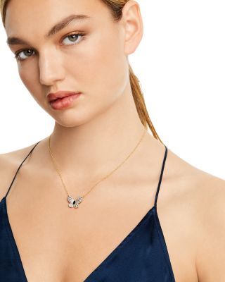 Diamond and Blue Sapphire Butterfly Pendant Necklace in 14K Yellow Gold, 17" 
