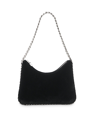 Stella Mccartney Falabella Velvet Zip Mini Shoulder Bag In Black/silver