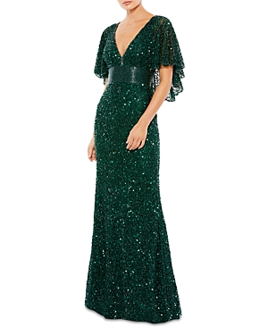 Mac Duggal Capelet Sequin Gown In Forest Green