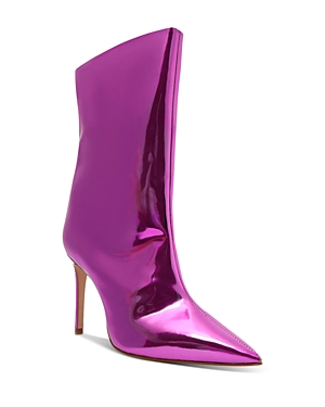 Schutz Ashlee Bright Violet Metallic Leather Snake Embossed High Heel Boots In Fucsia