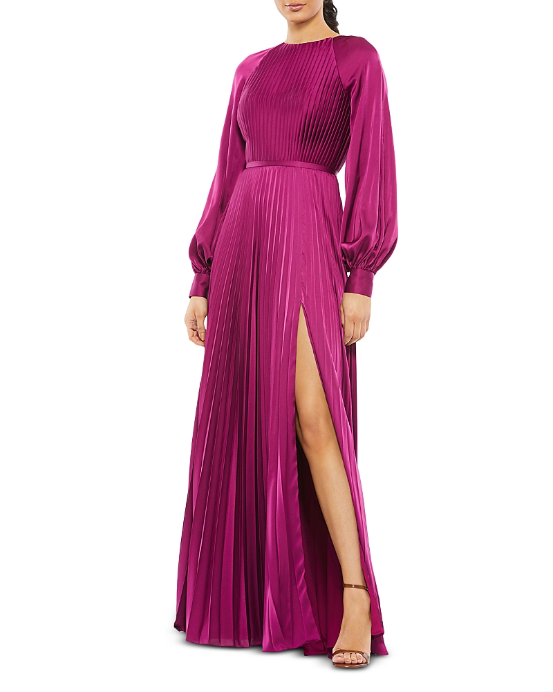 Mac Duggal Pleated High Neck Raglan Long Sleeve Side Slit Gown