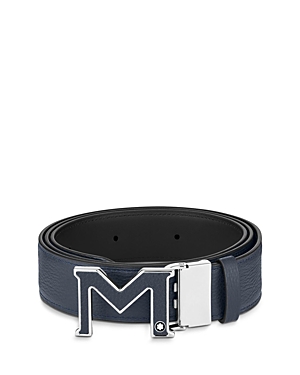Shop Montblanc M Buckle Reversible Leather Belt In Black/blue