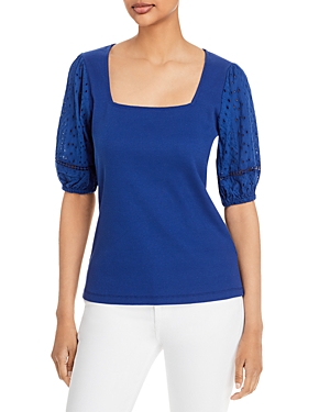 Single Thread Eyelet Puff Sleeve Ribbed Top In Blue Depths