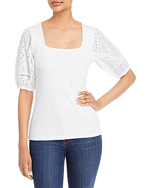 Single Thread Eyelet Puff Sleeve Ribbed Top In Bright White