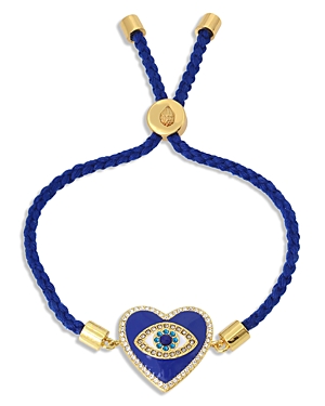 Shop Kurt Geiger Evil Eye Heart Charm Friendship Braided Slider Bracelet In Gold Tone In Blue/gold