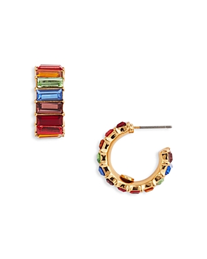 Shop Kenneth Jay Lane Rainbow Baguette Crystal Hoop Earrings In Gold Tone In Multi/gold