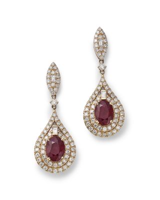Bloomingdale's Fine Collection Ruby & Diamond Halo Drop Earrings in 14K Yellow Gold - Exclusive