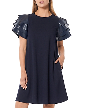 Gracia Faux Leather Tiered Sleeve Dress In Navy