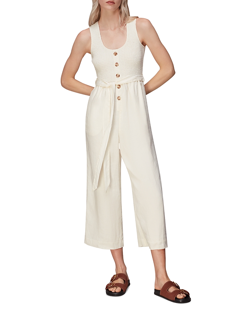 Whistles Shirred Wide-leg Linen-blend Jumpsuit In Cream