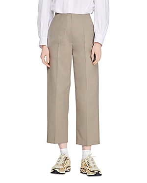 Sandro Bandol High Waist Cropped Trousers In Taupe Gray