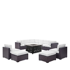 Crosley Sparrow & Wren Biscayne 8 Piece Outdoor Wicker Sectional Set With Fire Table In White