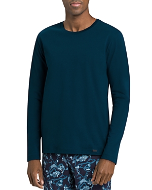 Hanro Cotton Solid Long Sleeve Pajama Tee In Oxford Blue
