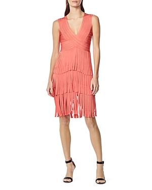 Shop Herve Leger Sleeveless Fringed Dress In Deep Sea Coral