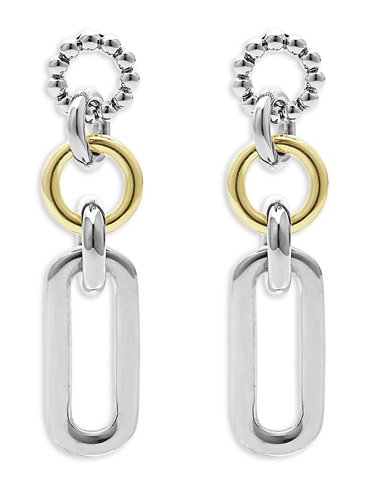 Lagos Sterling Silver And 18k Signature Caviar 3-part Circles And Oval Drop Earrings In Silver/gold