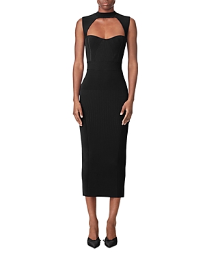 Herve Leger Cutout Mixed Ribbed Midi Dress In Black