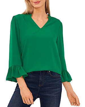 Cece Ruffle Cuff Crepe Top In Lush Green