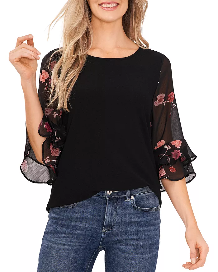 CeCe Mixed Media Floral Ruffle Sleeve Top