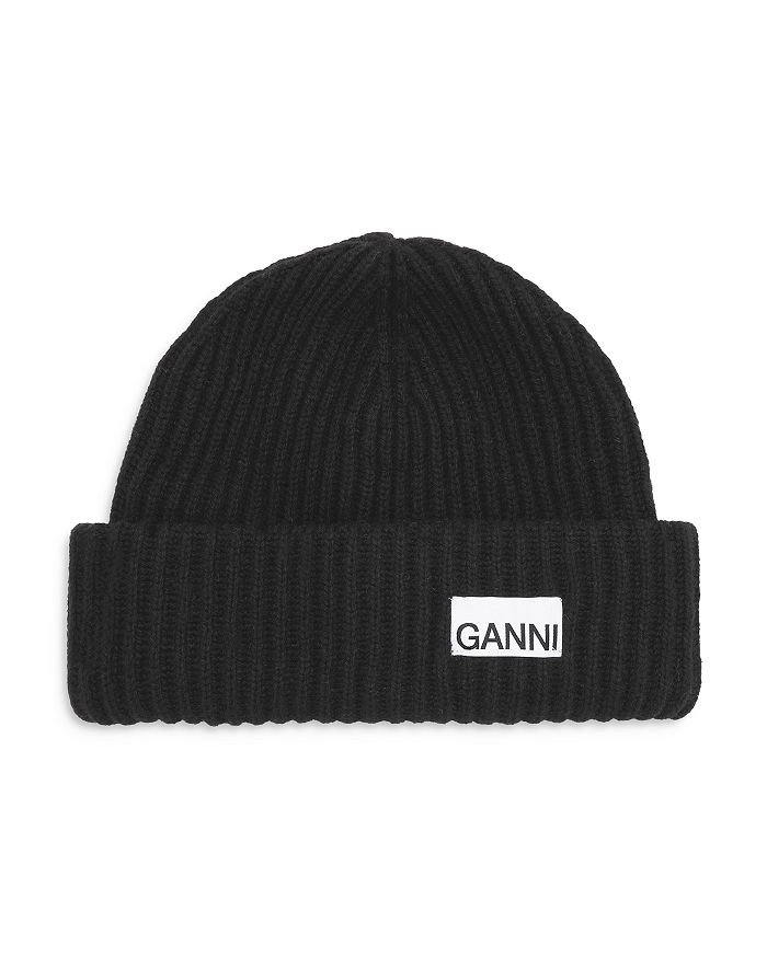 Ganni Womens Black Logo-patch Wool-blend Beanie Hat