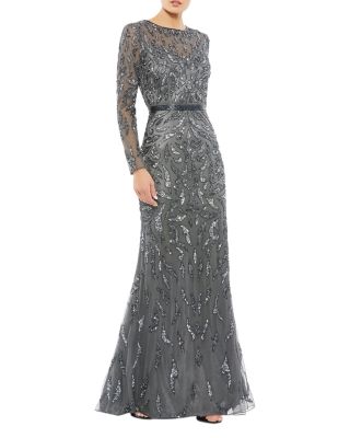  Beaded Long Sleeve Evening Gown