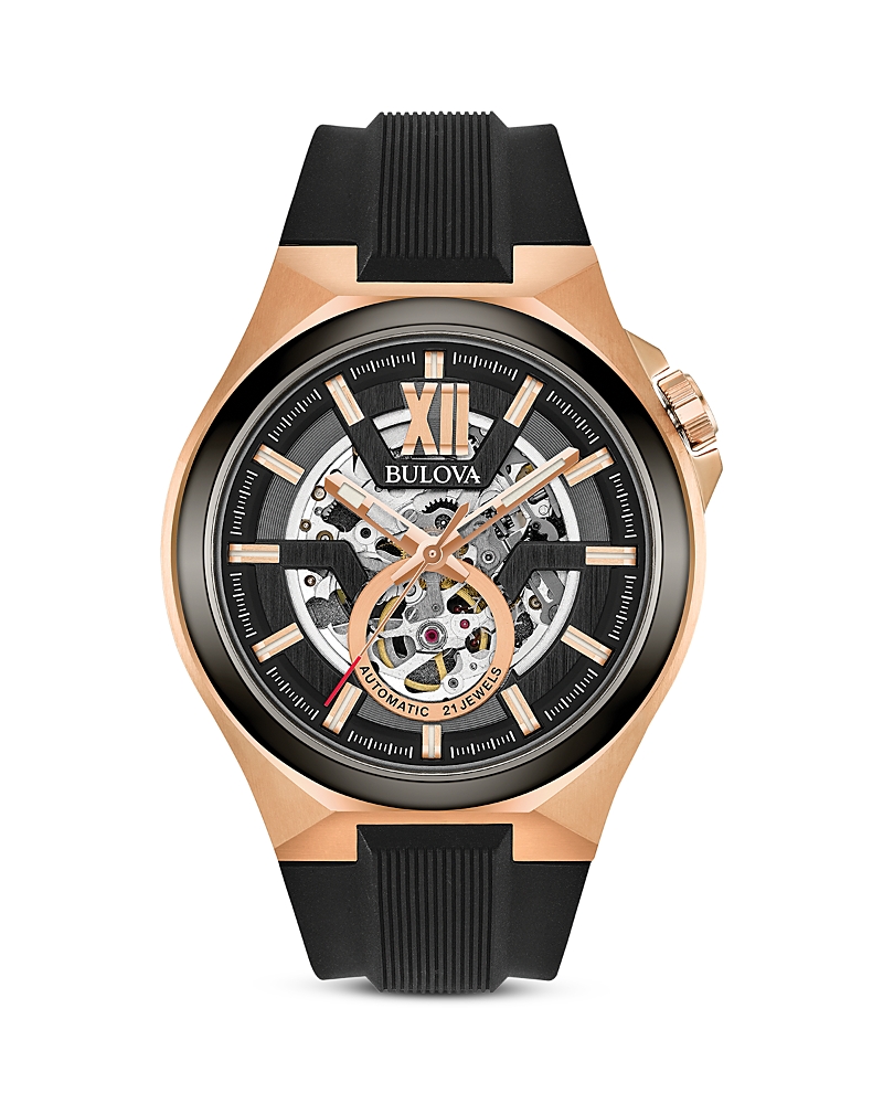 Bulova Maquina Mens Automatic Black Strap Watch 98a177 In Rose Gold/black