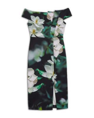 knee length dresses for ladies Citrus Blue Porcelain Print Bardot Bodycon Midi Dress With Bow Sleev  Club  L London