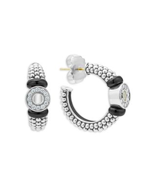 Sterling Silver Black Caviar Ceramic & Diamond Circle Hoop Earrings